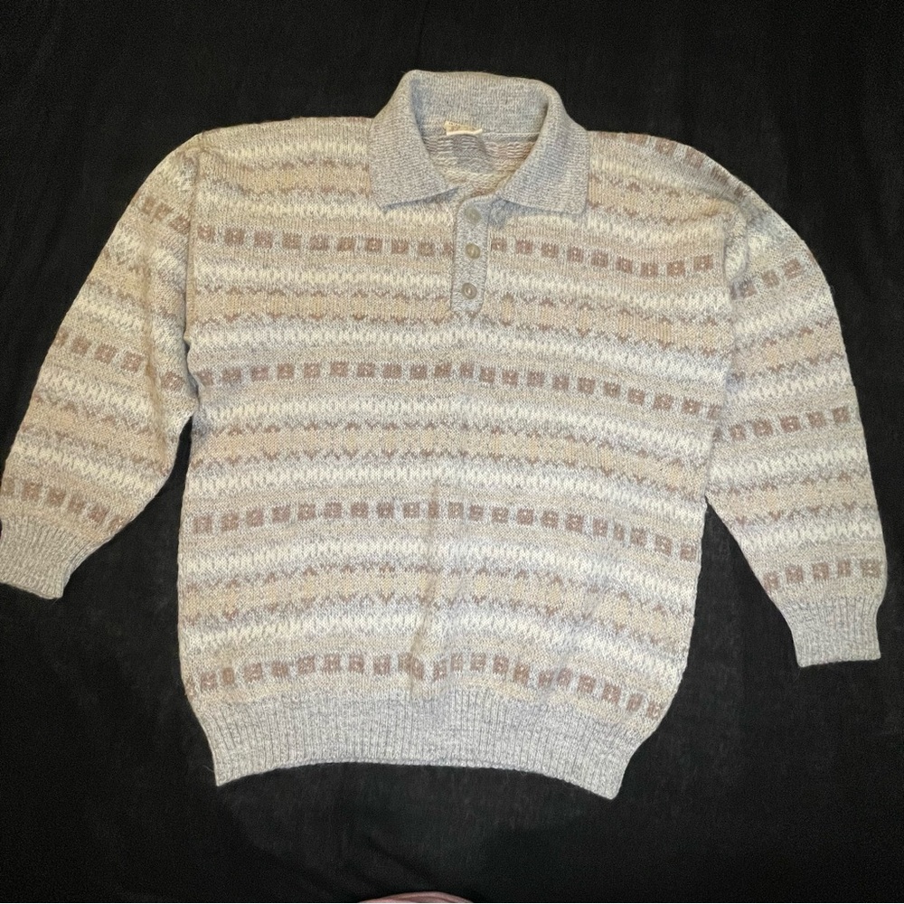 VTG Inca Artesanias Sweater Mens Large Gray Tan 100% Alpaca Peru 80s Soft Warm